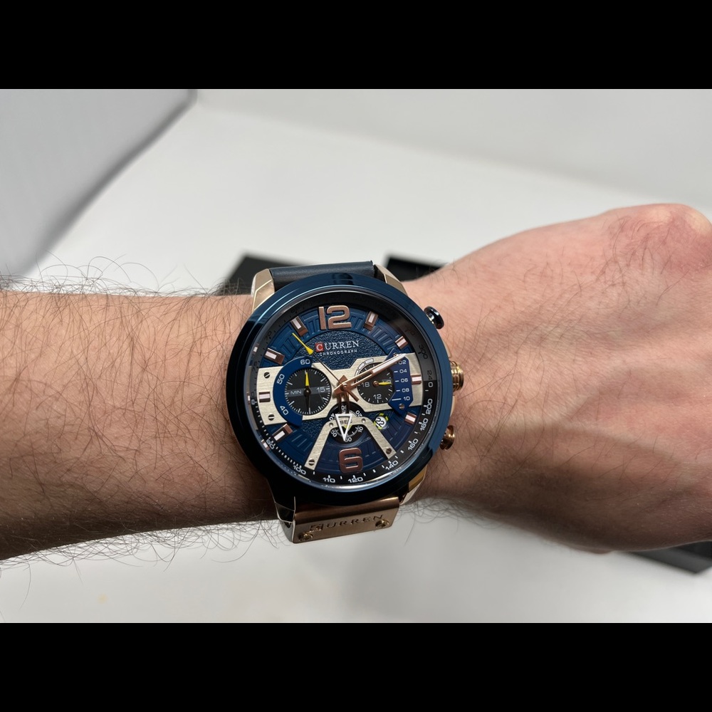 Mens watch blue rose gold leather dress watch chronograph waterproof